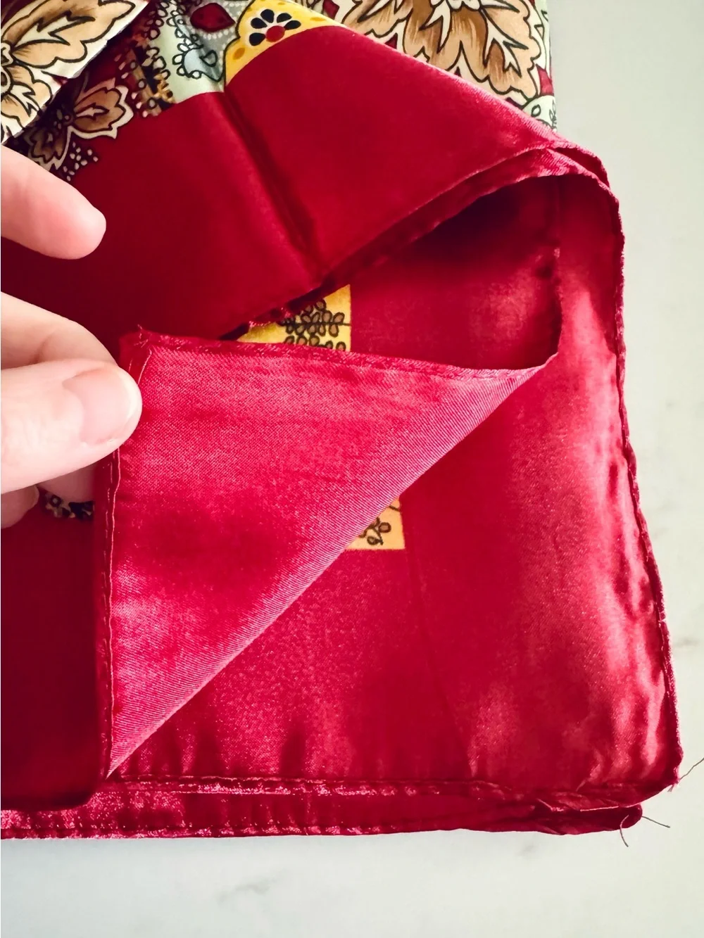 Boho Paisley Print Silky Satin Square Neck Scarf, Red Maroon Burgundy & Gold